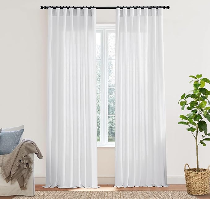 XTMYI 92 Inch Curtains Length 2 Panels Set,Back Tab Linen Sheer Window Curtains Living Room Bedroom,50x92 in Long,White