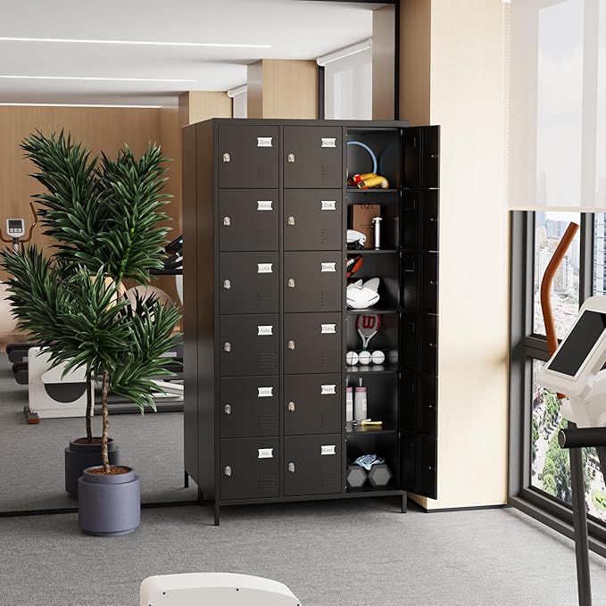 Aobabo 18 Doors Metal Storage Locker for Employees, Lockable Storage Locker with Metal Leg for Employees School Office Gym, Black, Assembly Required