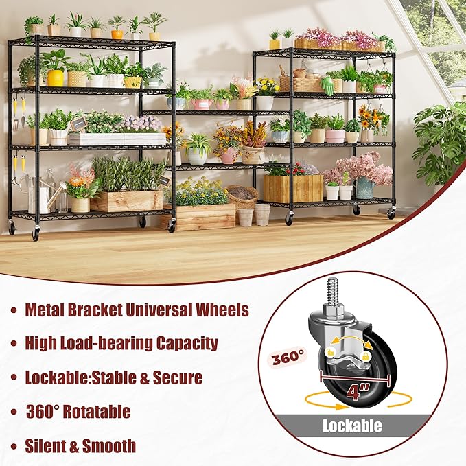PrimeZone 4 Packs 48" W x 24" D x 81" H Heavy Duty Wire Storage Shelves with Wheels, 5 Tier Adjustable NSF Certified Garage Shelving Unit, Rolling Metal Organizer Shelf Rack for Warehouse, Pantry