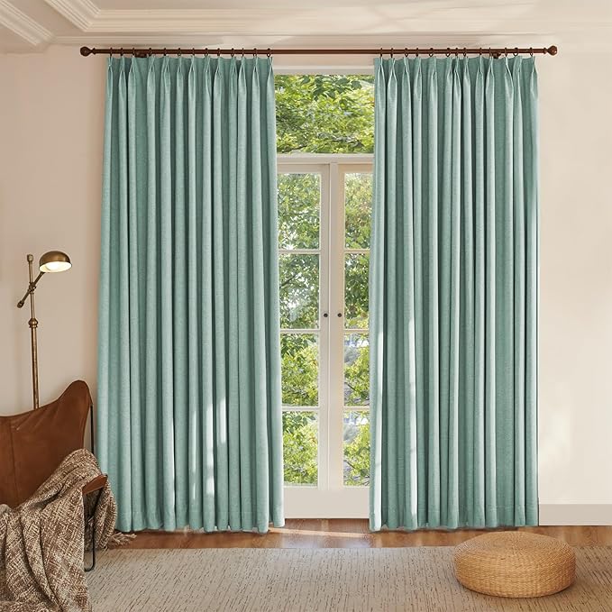 Textured Linen Double Pleated 100% Blackout Curtains for Bedroom/Living Room Blackout Curtains 96 Inches Long, Energy Saving Window Treatment Curtains,100Wx96Lx2,Green