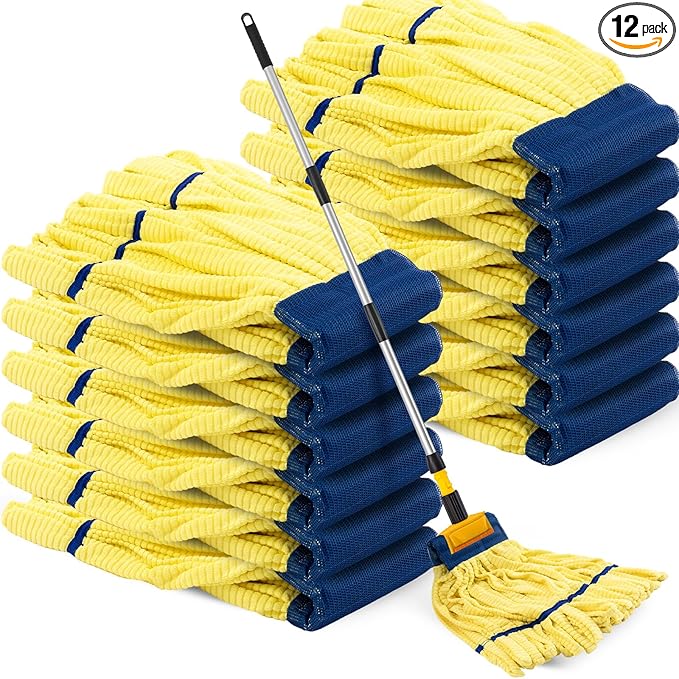 Hushee 12 Pack Large Microfiber Tube Mop Heads 18 oz Heavy Duty Commercial Industrial Wet Mop Head Refill Reusable Machine Washable Looped End Mopheads for Hardwood, Tile, Laminate Floors (Yellow)