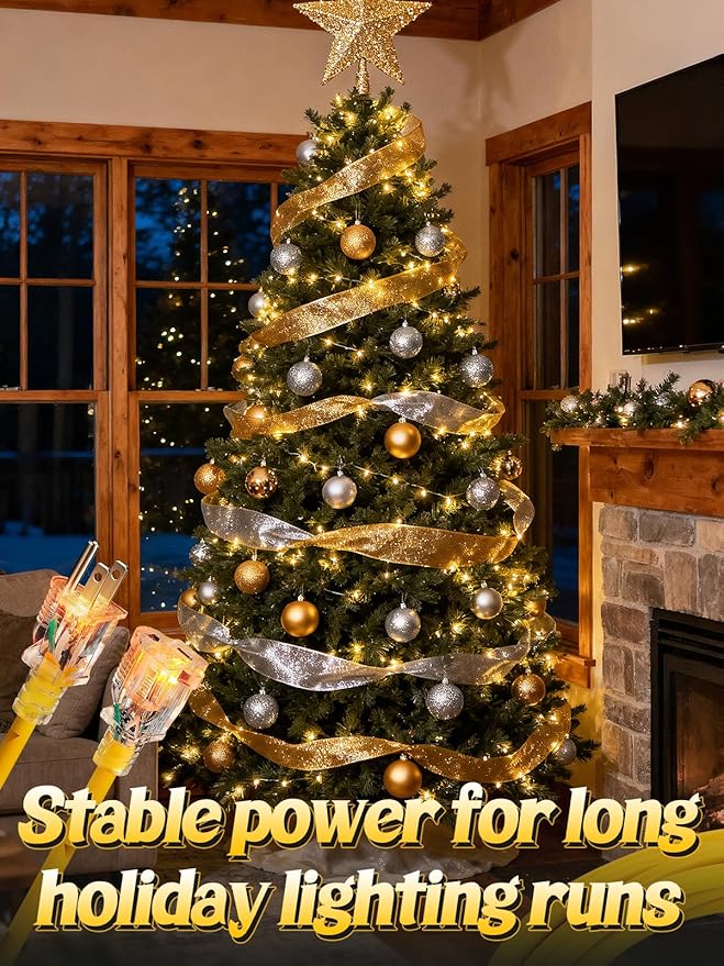 Lighted End Heavy Duty Outdoor Extension Cord Waterproof -16AWG, 3 Prong, 15A, 1875W, Flexible Yellow Power Extension Cord for Outsides, 15ft
