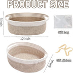 Woven Basket,Small Rope Storage Bin with Handles & Ribbon Bag, Organizer for Shelves Closets,Gift Basket Empty for Birthday,Books,Dog Toys, White&Oatmeal/3 Pack