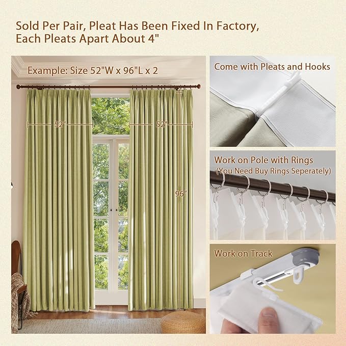 Textured Linen Pinch Pleated 100% Blackout Curtains for Bedroom/Living Room Blackout Curtains 102 Inches Long, Energy Saving Window Treatment Curtains,84Wx102Lx2,Lemon