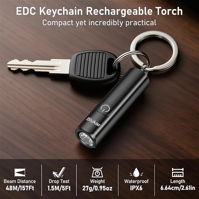 Blukar Rechargeable EDC Flashlight, 360L Mini Keychain Flash Light with 3 Lighting Modes, Memory Function, Waterproof, Compact and Portable Pocket Light for Everyday Carry, Emergency,Camping,Outdoor