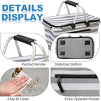SIYUAN 30L Picnic Basket with Handles Leakproof Large Stripped Insulated Cooler Grocery Shopping Market Tote for Family Gray White