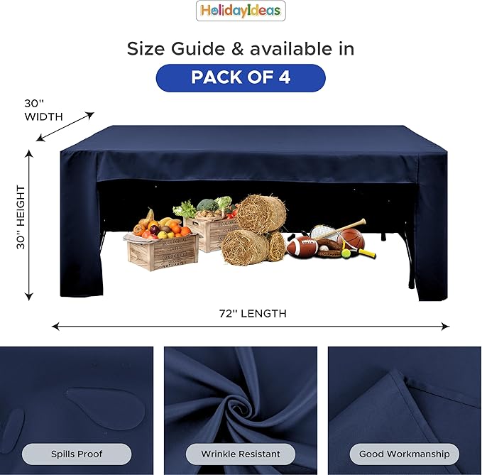 HolidayIdeas Open Back Fitted Tableclothss for 6 Foot Rectangle Table, Wrinkle Resistant Washable Table Covers 72x30 Inch for Craft Fairs, Banquets, Trade Show Display, Navy Blue,4 Pcs