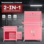 Bonusall 8 Drawer Rolling Tool Chest and Cabinet Combo,Heavy-Duty Metal Garage Tool Chest with Wheels and 2 Doors,2-in-1 Top Box and Roller Cabinet Combo for Garage, Workshop, Warehouse-Pink