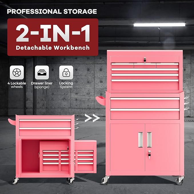 Bonusall 8 Drawer Rolling Tool Chest and Cabinet Combo,Heavy-Duty Metal Garage Tool Chest with Wheels and 2 Doors,2-in-1 Top Box and Roller Cabinet Combo for Garage, Workshop, Warehouse-Pink