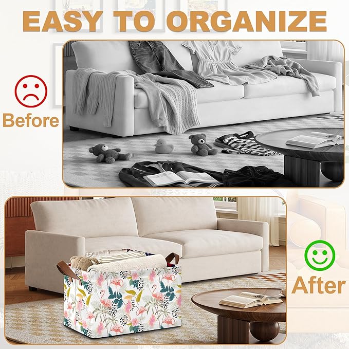 Storage Bin with Handles, Forest Pink Flamingo Collapsible Laundry Baskets for Books, Laundry - Use in Nursery, Closet Organizers and Storage, Blanket Basket