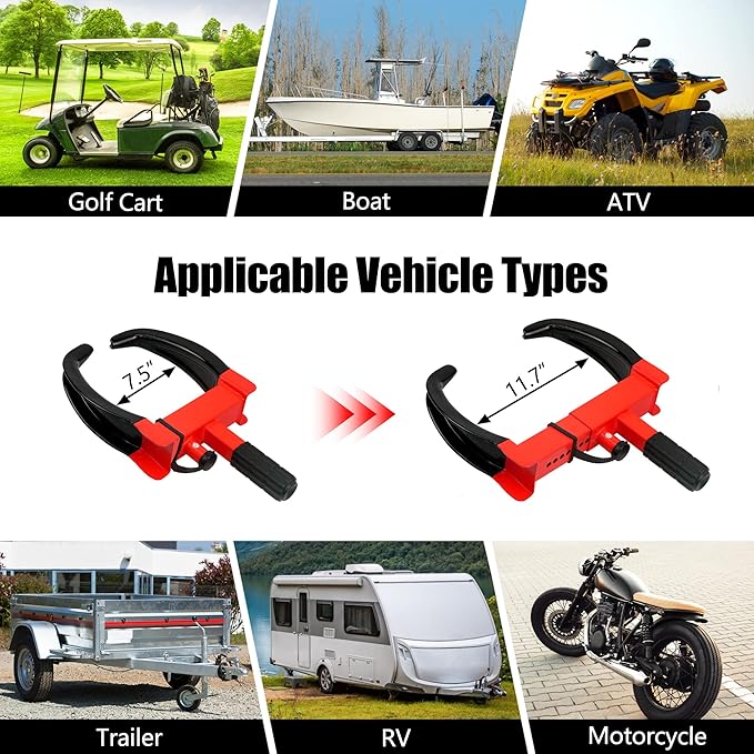 KAYCENTOP Wheel Clamp Lock Tire Lock Anti Theft Lock Fit Most Vehicles Max 11" Tire Width and 7" Reach for Trailers SUV Boats ATVs Motorcycles Golf Cart Great Deterrent Bright Red/Black, 3 Keys
