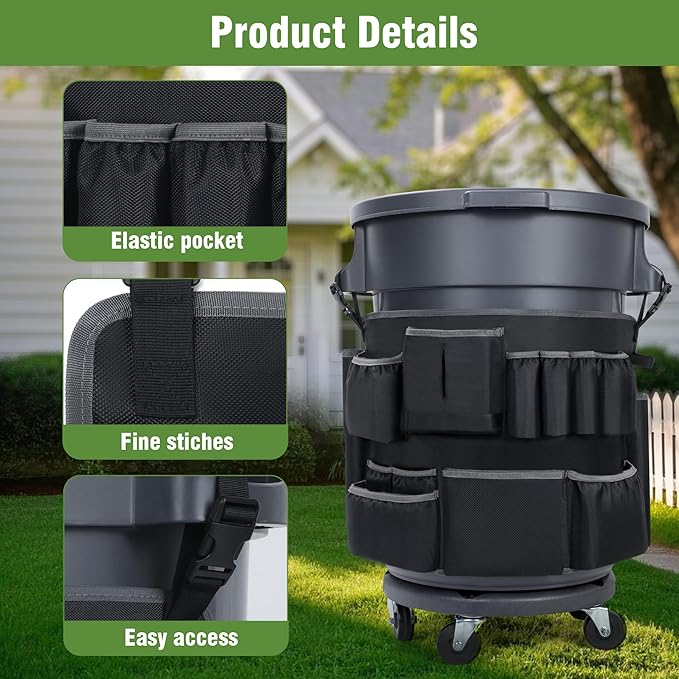 Trash Can Caddy Bags Fit 32-55 Gallon Garbage Bin, Garbage Bin Caddy Bag with 13 Pockets Compatible with Brute & Uline, Commercial Cleaning Supplies Organizer Bag & Janitorial Duties(1PCS)