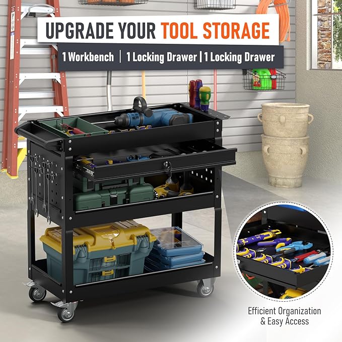 3 Tier Rolling Tool Cart, Heavy Duty Service Cart on Wheels for Mechanics,400 LBS Utility Cart with Drawers for Garage, Warehouse & Repair Shop (Black)