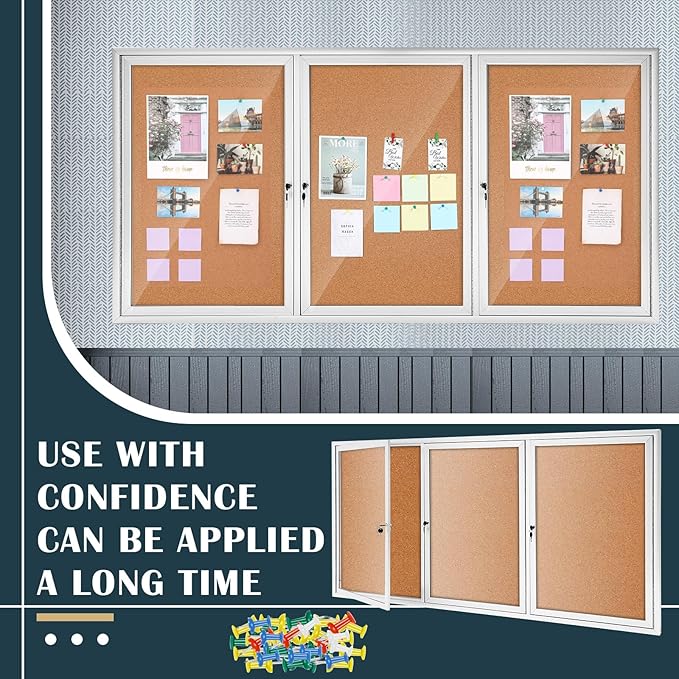 Enclosed Bulletin Board 72" x 36" Weather Resistant Lockable 3 Door Weatherproof Wall Mounted Enclosed Cork Board Aluminum Frame Display Case for Office, School, Commercial, 18xA4(Wood Color)