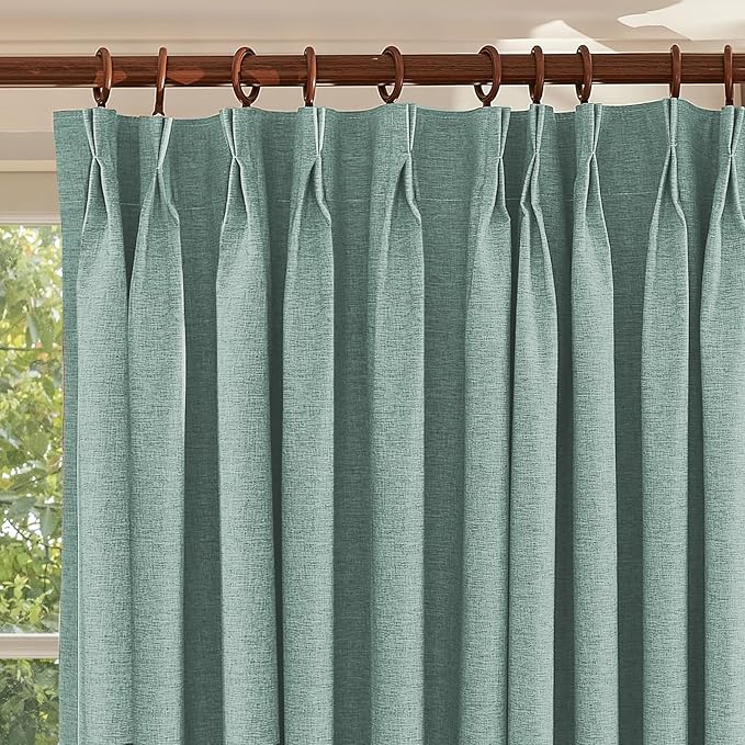 Textured Linen Pencil Pleats 100% Blackout Curtains for Bedroom/Living Room Blackout Curtains 63 Inches Long, Energy Saving Window Treatment Curtains,42Wx63Lx2,Green