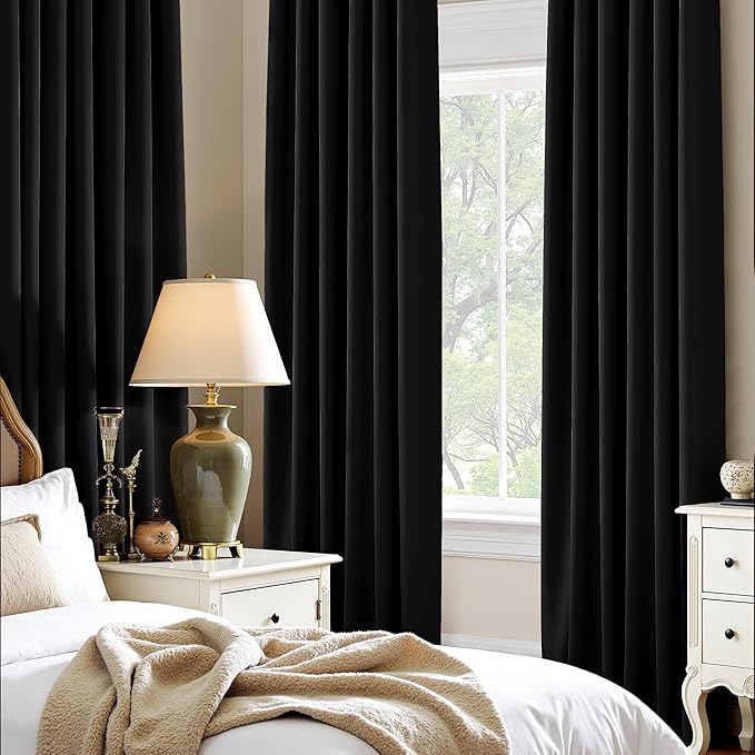 PONY DANCE Black Curtains 84 inches Long for Bedroom, Blackout Window Curtain Rod Pocket Thermal Insulated Room Darkening Drapes Energy Saving for Living Room, W 52 x L 84 inches, 2 Panels Set