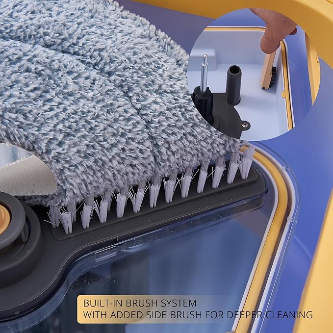 True & Tidy® TrueClean Mop and Bucket System Plus with New Easy Lift Inner Bucket, Self Wringing, Separates Clean from Dirty Water, Folding Mop Head, Dual Brush System, 4-pc Machine Washable Pads