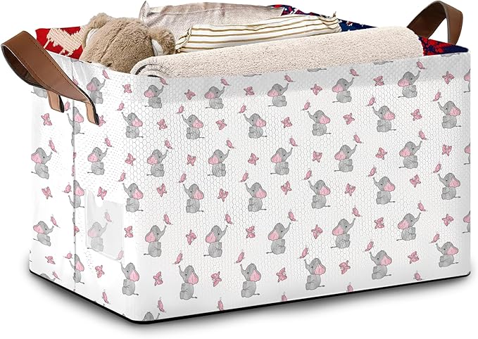 Foldable Collapsible Storage Bin with Elephant & Butterfly Pattern-17x11.5x10.5 Inch Organizer Basket for Nursery, Kids Room, Closet, Toy Storage-Single Pack, Space-Saving Home Decor