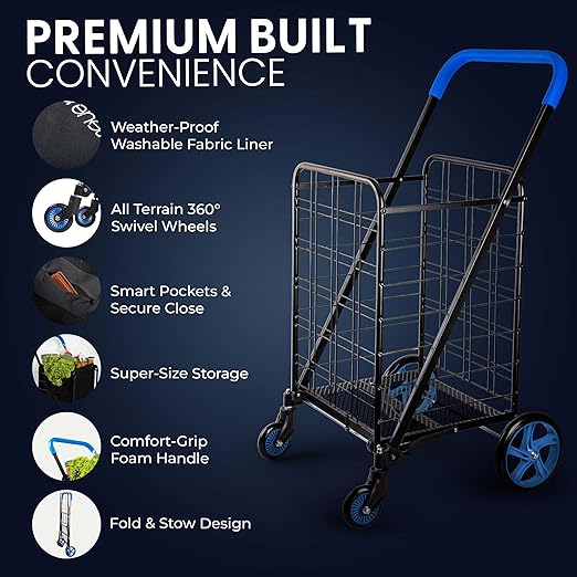 SereneLife Large Folding Utility Shopping Cart with Removable Liner – Heavy Duty, 360° Swivel Wheels, 110 lb Capacity, Portable for Groceries, Laundry, Luggage, and More (Blue)