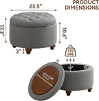 24Inch Round Storage Ottoman with Tray, Modern Tufted Fabric Circle Coffee Table with Storage, Upholstered Ottoman with Removable Top for Living Room, Bedroom, Light Grey