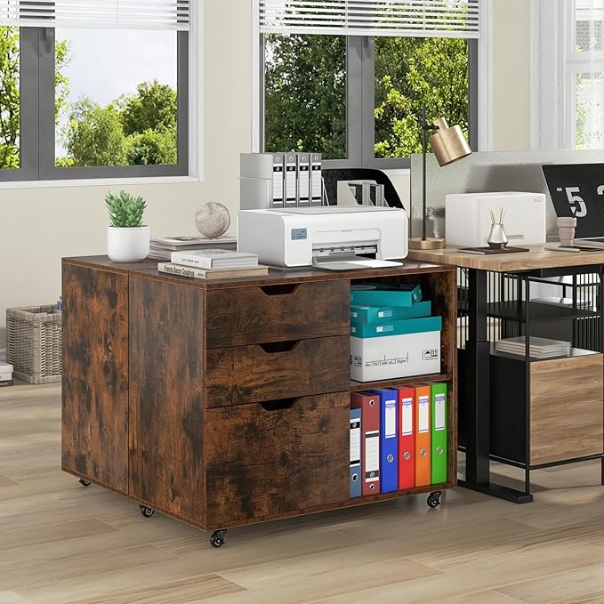 LOKO 3-Drawer File Cabinet, Mobile Printer Stand Cabinet with Adjustable Shelf, Rolling Lateral Filing Cabinet with Wheels for Letter, A4, Legal Size, for Home Office Organization (Rustic Brown)
