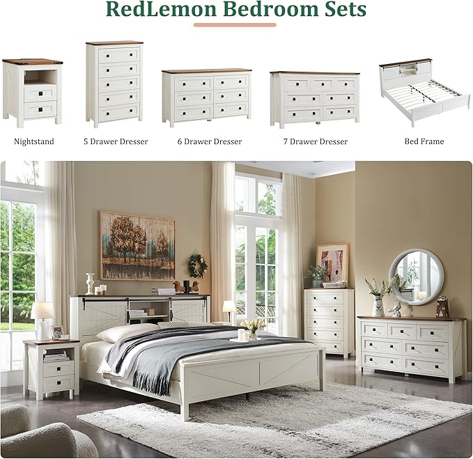 RedLemon 6 Drawer Dresser for Bedroom, Farmhouse 54 Inch Wide Rustic Wood Dresser TV Stand, Chest of Drawers for Closet, Living Room, Hallway, Antique White