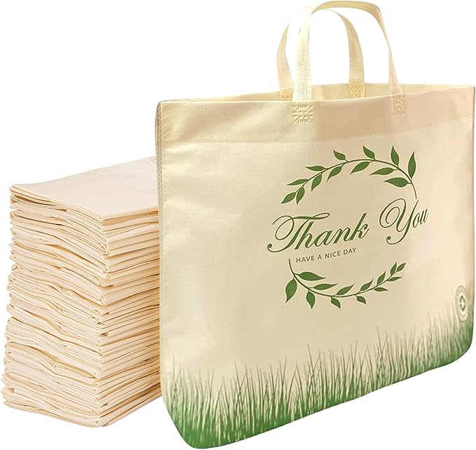 Simply Cool 50 Pack Reusable 'Thank You' Eco-Friendly Grocery Shopping Bags 19.6" x 16.1" x 7" 60 gsm Durable, Recyclable, Washable, Foldable, Portable Tote Bags Bulk (Cream, Loop Handle)