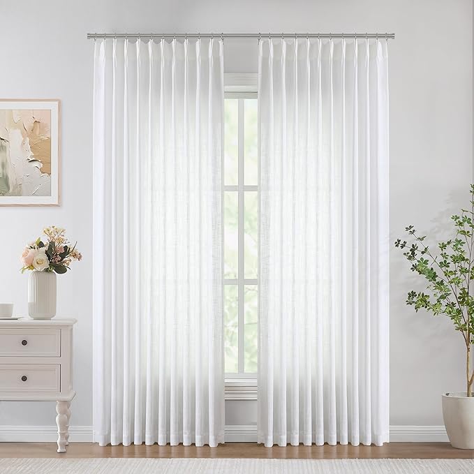 Vision Home White Pinch Pleated Semi Sheer Curtains Textured Light Filtering Window Curtains 95 inch for Living Room Bedroom Patio Rayon Blended Pinch Pleat Drapes with Hooks 1 Panel 60" Wx95 L