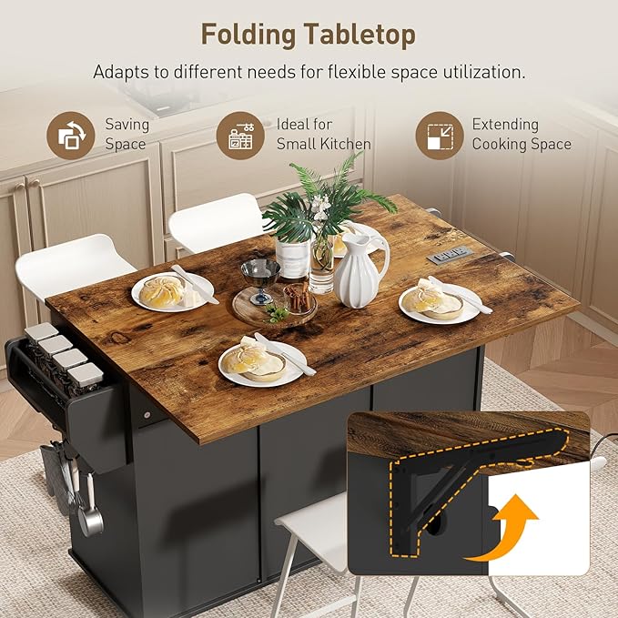 Kitchen Island with Power Outlets & Drop Leaf, Kitchen Cart with Storage, Drawer and Spice Rack, Tower Rack, Island Table, Black and Rustic Brown