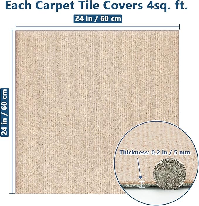 Carpet Tiles Peel and Stick 24” x 24”, Self Adhesive Soft Padded Flooring Stickers, Khaki Home Decor for Bedroom Living Room Office, 10 Tiles & 40 sq ft per Box