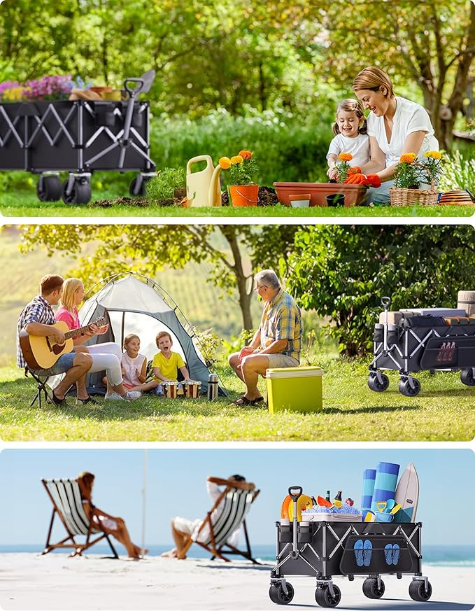 Heavy Duty Collapsible Wagon - 440lbs Capacity All-Terrain Folding Cart with Big Wheels for Family Beach Days, Camping & Grocery Haul | One-Click Fold & Washable Fabric