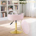 Adjustable Vanity Stool with Storage, 360° Swivel Makeup Stool Chair Small Velvet Round Ottoman with Gold Base for Bedroom, Pink
