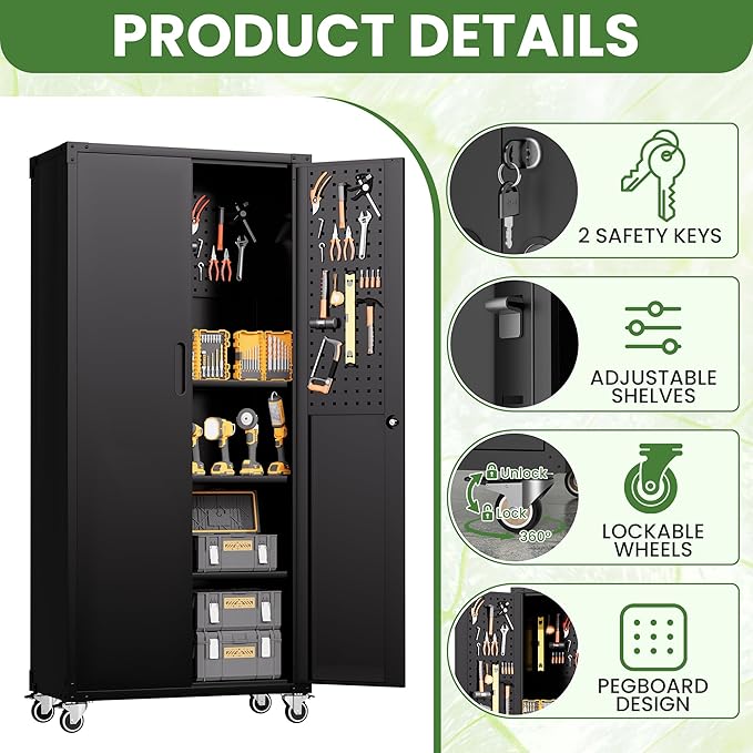 71'' Garage Storage Cabinet on Wheels Black Metal Tool Cabinets with Locking Doors and 3 Adjustable Shelves,Heavy Duty Tall Rolling Steel Cabinets for Garage Warehouse Basement Office
