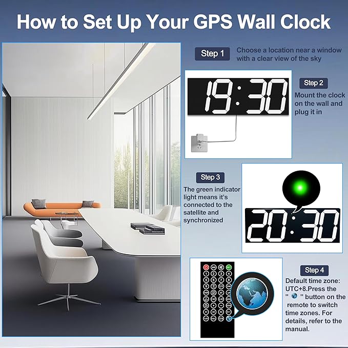 Digital Clock with Large Display 18.7 Inch, GPS Auto-Sync Time, Wall-Mounted with Remote Control, Ideal for Classroom Use