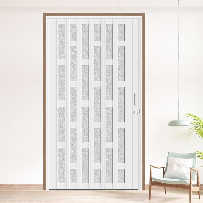 48X79in Frosted Acrylic Glass PVC Accordion Folding Door for Closet,Multifold Interior Door with Installation Hardware,Includes Handle and Latch,White Beech