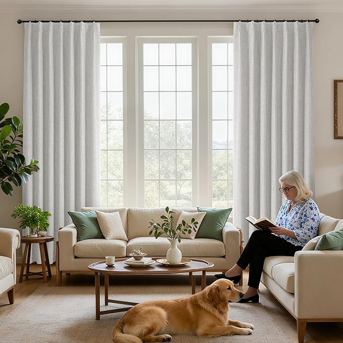 Joydeco Pinch Pleated Curtains - 100% Blackout for Bedroom, White Linen Curtains 40" W x 63" L, Thermal Insulated 2 Panels Light Blocking Drapes, Back Tabs for Living Room