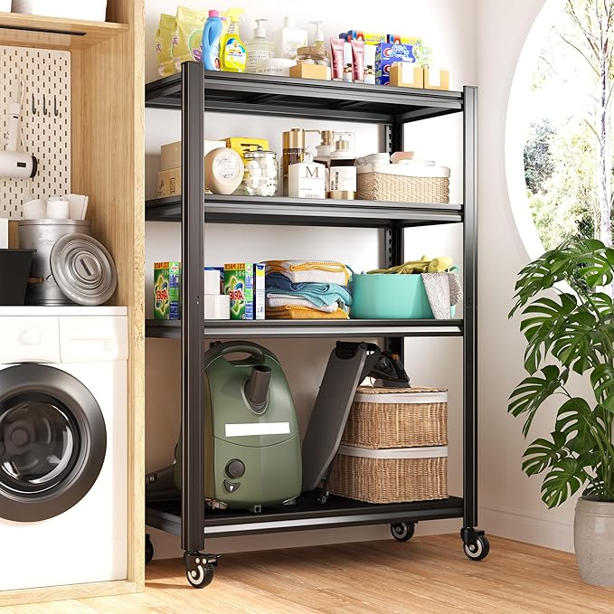 REIBII 4 Tier Storage Shelves with Wheels, 530LBS Adjustable Pantry Shelves,Metal Shelving Unit for Garage, Pantry, Kitchen, Living Room, Warehouse, Basement, 59.8" H x 31.5" W x 16.5" D, Black