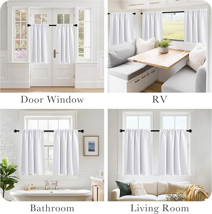 PONY DANCE Short Curtains for Bathroom - Solid 50% Light Block Drapes for Bedroom, RV Curtains for Camper Windows,Cafe Window Decor, W 29 x L 24, Pure White, 1 Pair