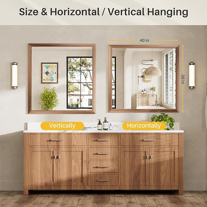 40x38 Inch Bathroom Mirror for Wall, Anti-Rust Walnut Wood Grain Metal Framed Bathroom Mirrors for Over Sink,Rectangler Mirrors for Bathroom Vanity, Farmhouse, Bedroom, Living Room, Entryway Decor