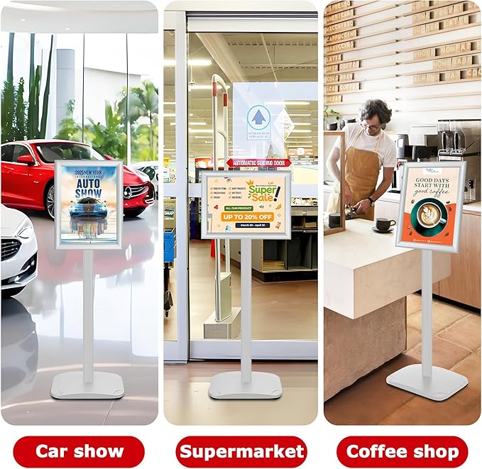 3 Pack Heavy Duty Standing Sign Holder 8.5x11 Inch - Pedestal Floor Sign Stand with Weighted Base - Vertical & Horizontal Poster/Menu Display Stands for Indoor/Outdoor Advertising, Silver