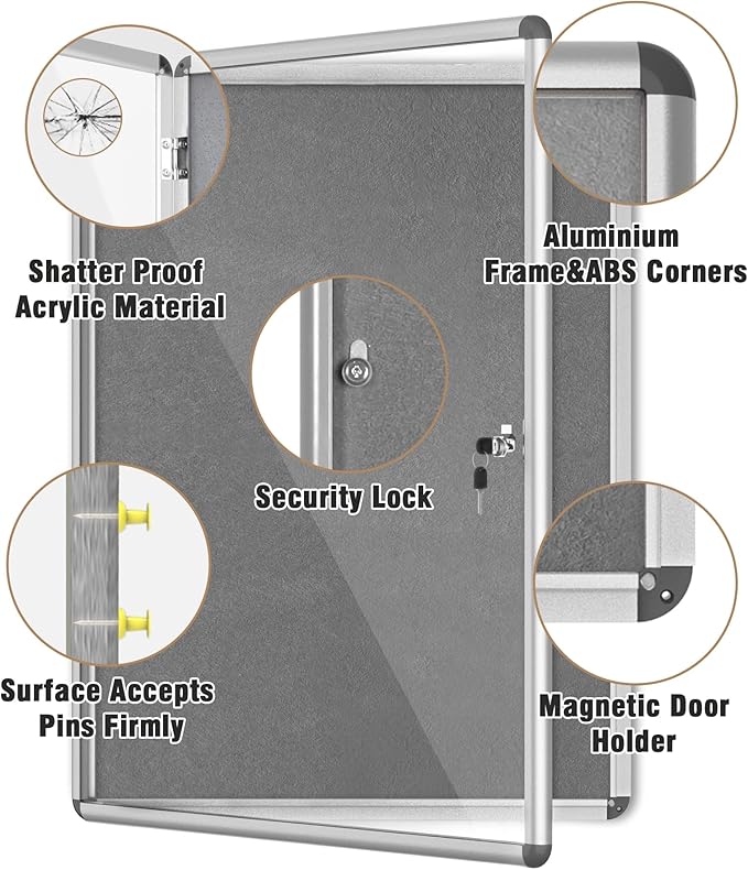 Mifuro 38"x28" Enclosed Bulletin Board, Lockable Weather-Resistant Aluminum Cork Noticeboard for School & Office, Silver Frame w/Grey Flet
