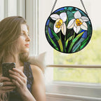 Stained Glass Window Hanging - White Snowdrops Birth Flowers Suncatcher for Doors Garden Patio Sun Catchers Decor Christmas Mother's Day Birthday Gifts for Women Men Mom Nana Friend 6.3 in
