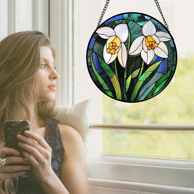 Stained Glass Window Hanging - White Snowdrops Birth Flowers Suncatcher for Doors Garden Patio Sun Catchers Decor Christmas Mother's Day Birthday Gifts for Women Men Mom Nana Friend 7.8 in