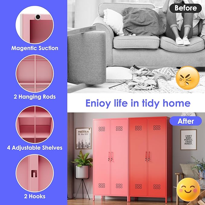 Aobabo Metal Wardrobe Cabinets with Lock, 2 Door Metal Closet wtih 4 Adjustable Shelves and 2 Hannging Rod, Lockable Locker Cabinet, Storage Locker for Home, Office,Pink, Assembly Required