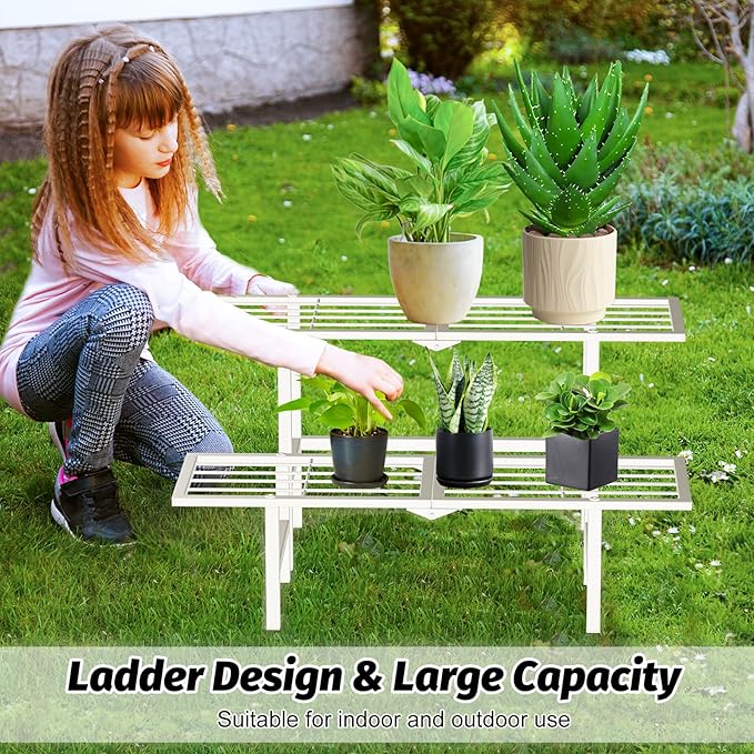 2 Tier Metal Foldable Plant Stand Outdoor Indoor Waterproof, Stackable Heavy Duty Outdoor Plant Shelf, Ladder Plant Stands Display Rack for Garden Window, White