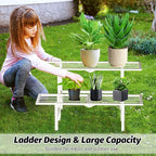 2 Tier Metal Foldable Plant Stand Outdoor Indoor Waterproof, Stackable Heavy Duty Outdoor Plant Shelf, Ladder Plant Stands Display Rack for Garden Window, White