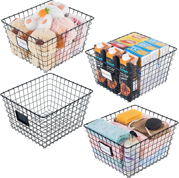 4 Pack【Extra Large】 Wire Handmade Storage Basket for Organizing Household Goods,Pantry Organization,Bathroom countertop,Laundry,Wardrobe Storage Basket,Black