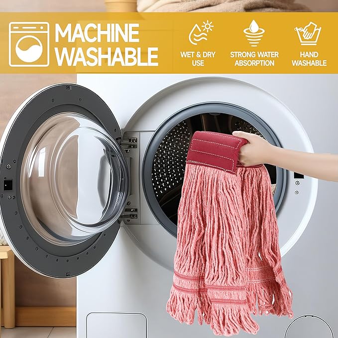 ONESIMUS 30 oz Pack of 12 Cleaning Heavy Duty Industrial Commercial Grade Looped-End Mop Head Replacement,6'' Headband Cotton String Wet Mop Head Refills,Machine Washable Red Mop