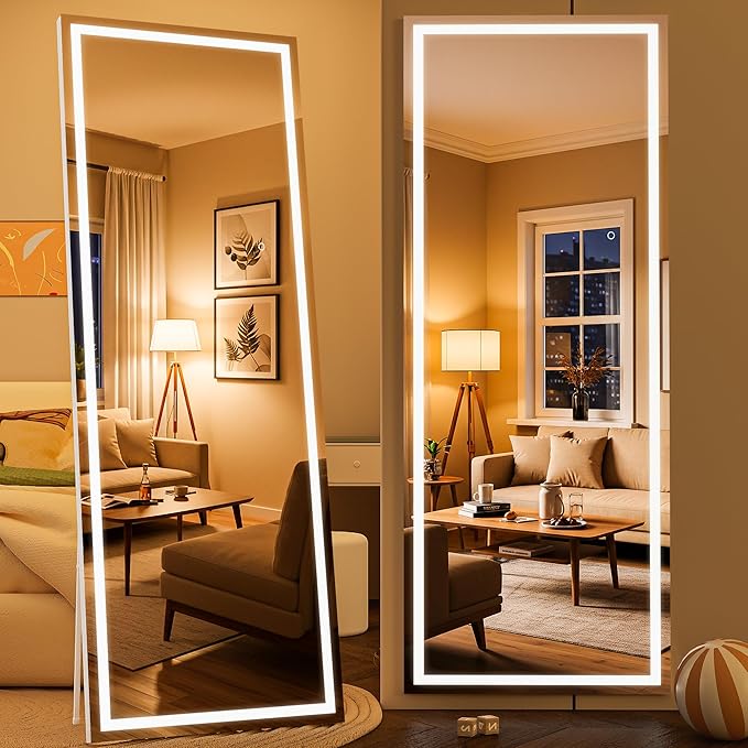 Full Length Mirror with Lights, 67" x 24" LED Lighted Floor Standing Body Mirror, Dimmable & 3 Color Lighting for Bedroom, Cloakroom, Dressing Room, Tempered Glass, Square White