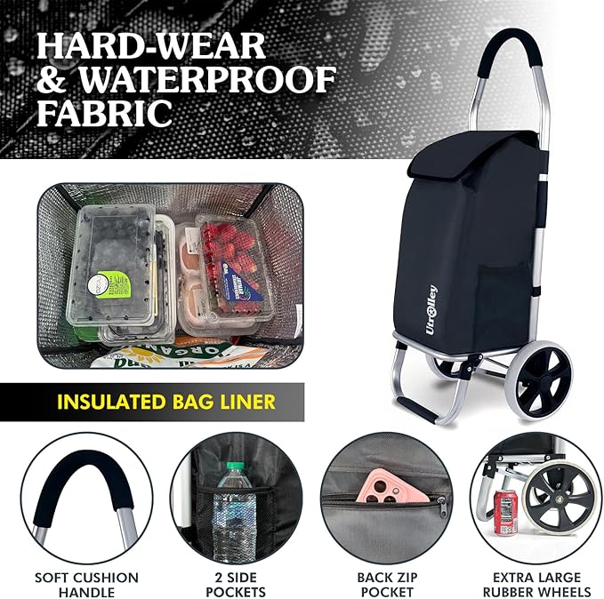 Ultra-Lightweight Foldable Grocery Cart with 40L Capacity, Soft Rolling Wheels, Removable Insulated Bag – Multi-Purpose Personal Hand Truck (Black)